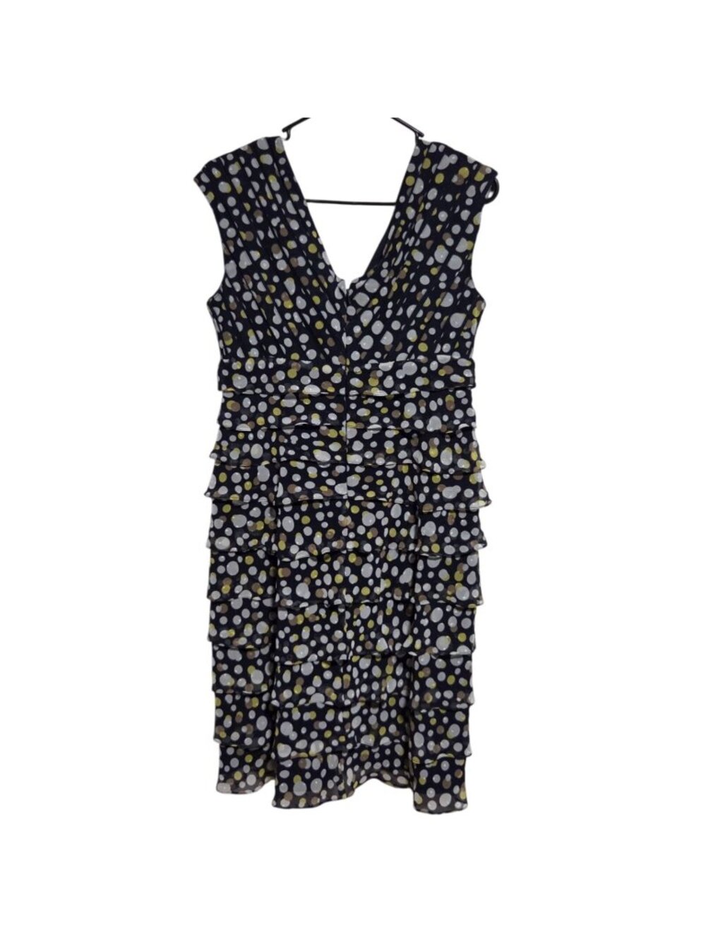 Adrianna Papell Tiered Midi Dress Size 10 Navy Polka Dot Sleeveless Cocktail